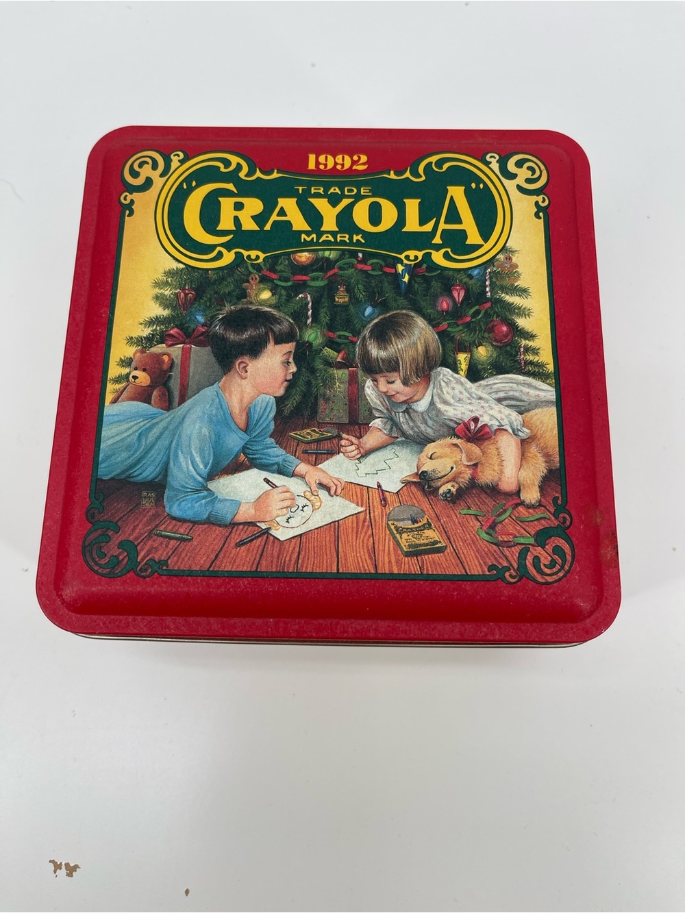 1999 Crayola Red Holiday Tin Art Box with Vintage Illustration